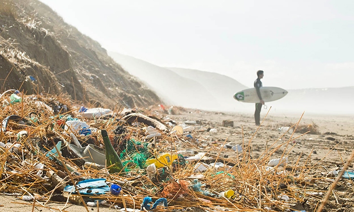 Beach full of plastic and a surfer