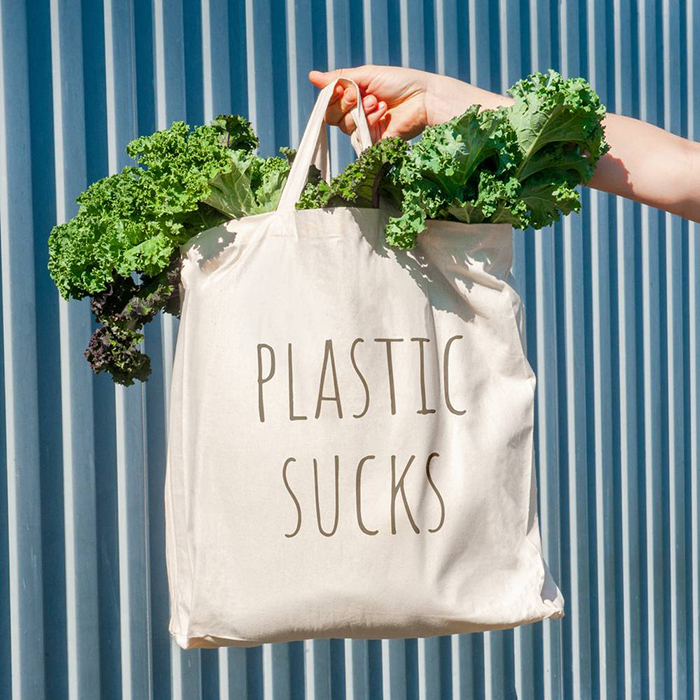 Reusable bag saying 'Plastic sucks' 