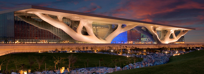 Qatar National Convention Center in Qatar during sunset