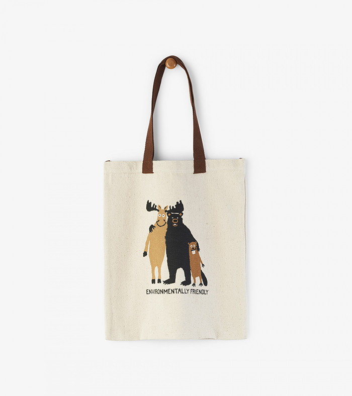 Reusable bag with animals hugging on it and with a sign saying Environmentally friendly