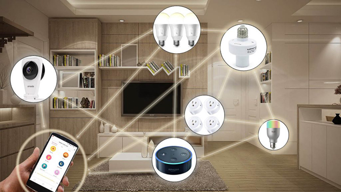 Smart home devices and a modern living room in the backgrounds