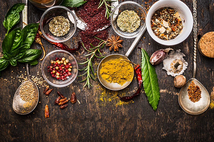 Different spices put on a table