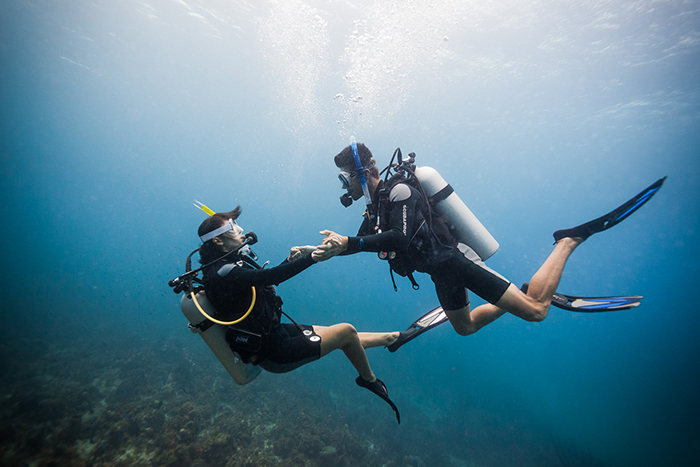 Couple diving in the waters of Jamaica