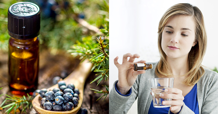 juniper essential oil and a woman adding drops of it in a glass of water