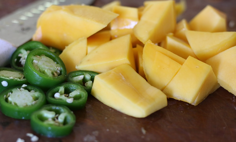 Cut jalapeno and mango