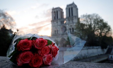 Flowers laid outside Notre-Dame cathedral in Paris