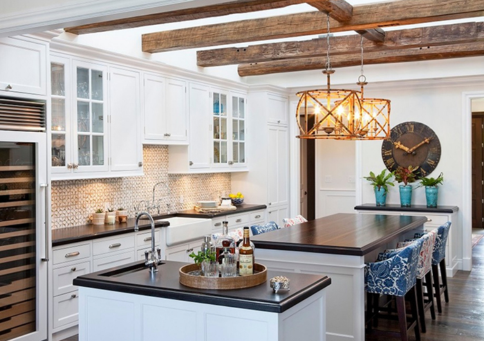 Modern and old farmhouse kitchen decor with tables, plants and a wall watch