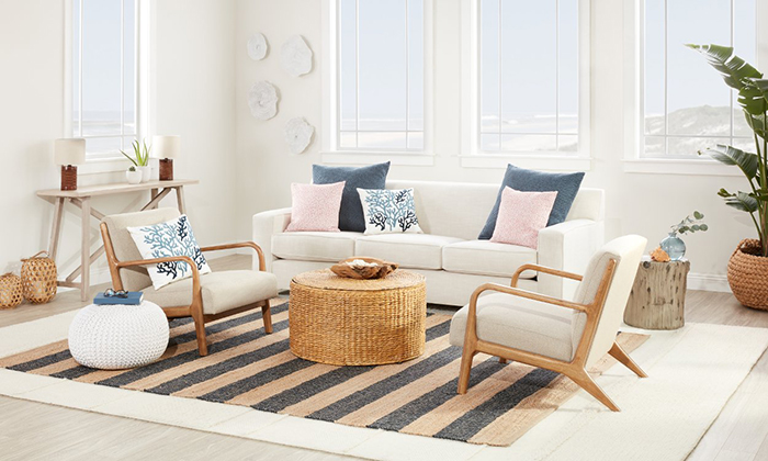 Cozy living room decor with striped carpet