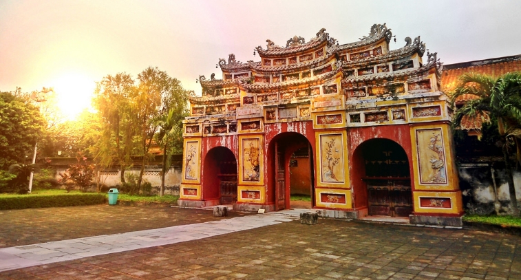 Imperial city of Hue with its ruins on a sunset