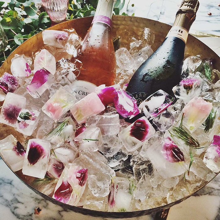 Flower filled ice cubes and two bottles of wine in them