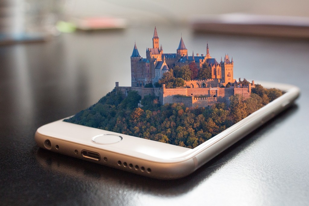 Virtual reality mobile phone with a castle popping out of it