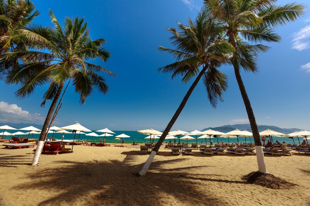 Sun umbrellas and palm trees on a beach in Nha Trang in Asia