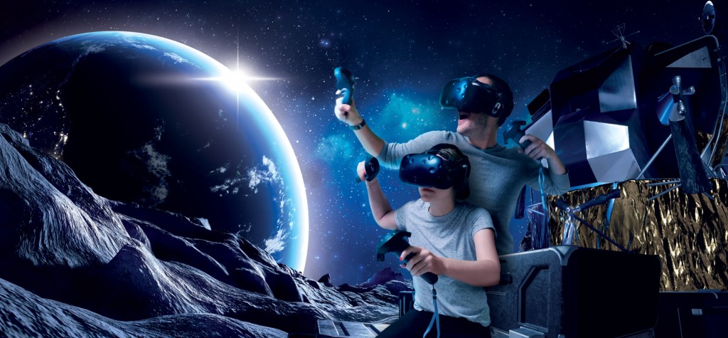 Kid and a dad traveling in the space through VR