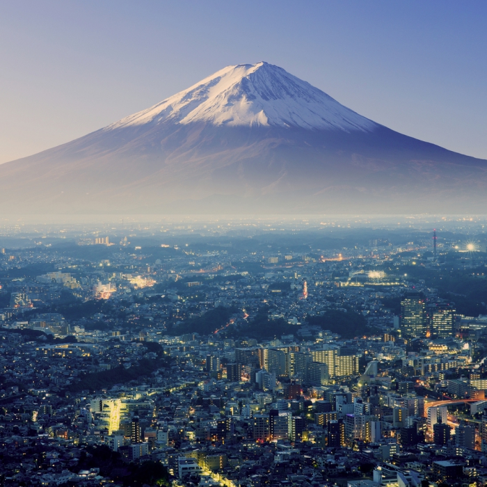 Japanese city lights and a snowy mountain behind