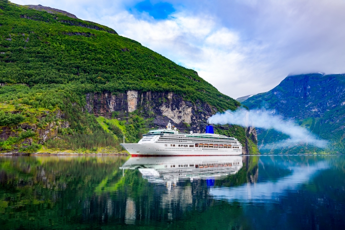 A cruise ship and forests around