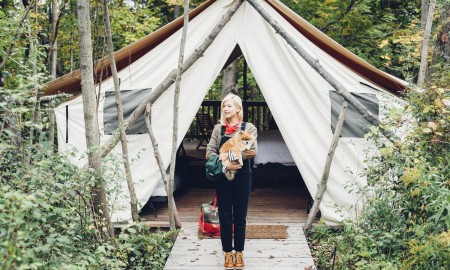 Glamping girl with a dog