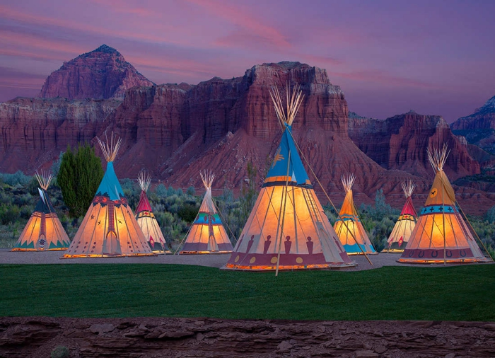 Early evening glamping in Utah with hippie tents