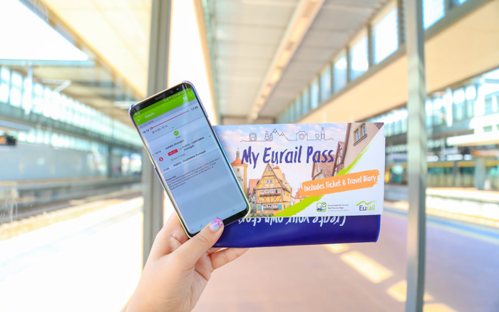 Woman with a phone opened Eurail website planner 