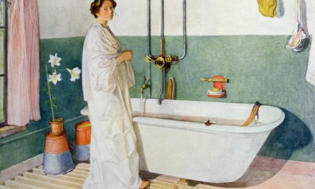 painting of a woman next to a bathtub