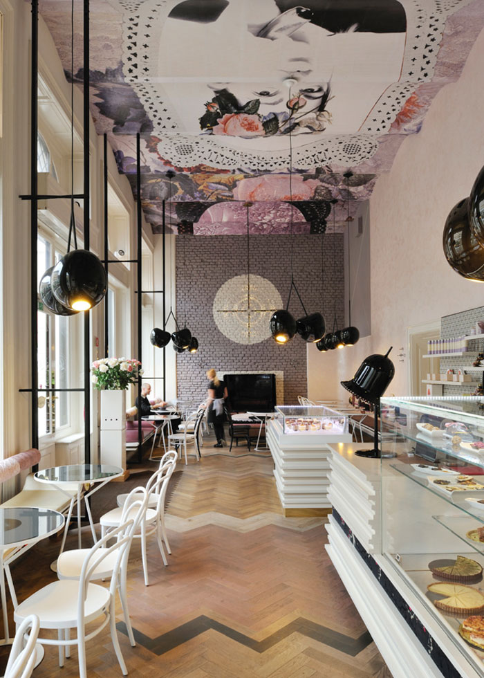 modern high ceiling cafe interior