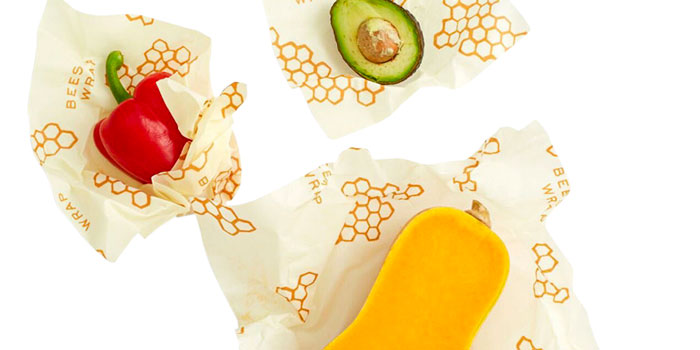 avocado, pepper and squash in beeswax wraps