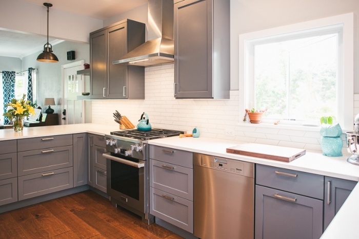 clean grey and metallic kitchen design