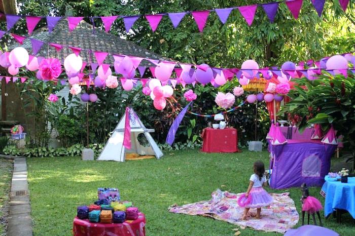 outdoor kids birthday party purple decor