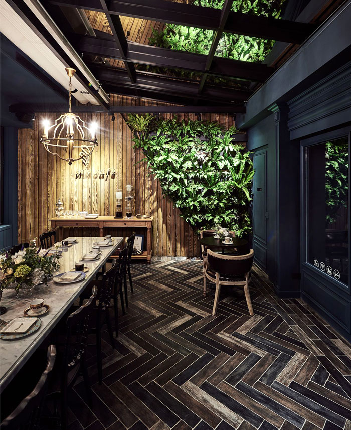 restaurant interior with chandelier