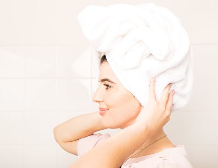 woman with hair towel