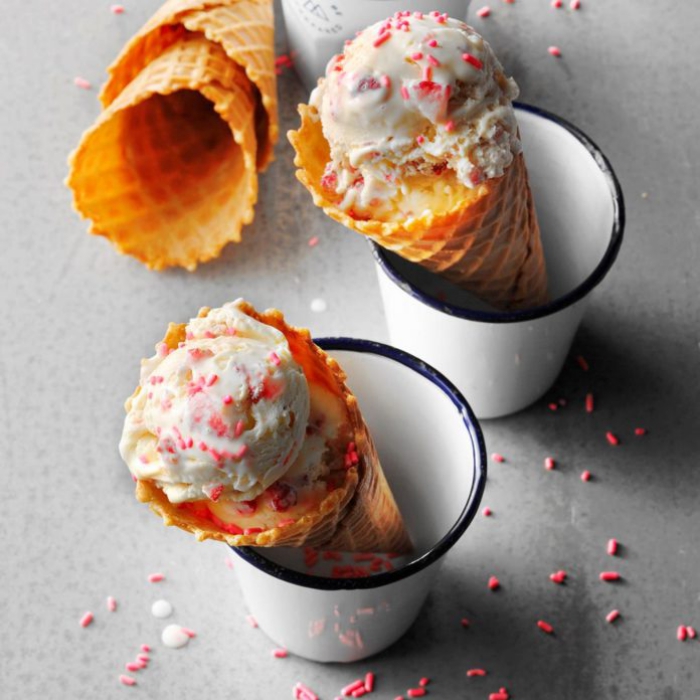 Homemade Strawberry Ice Cream in cones