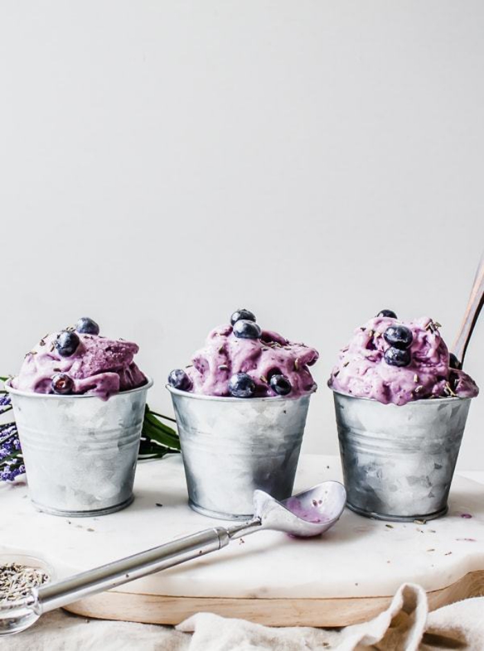 Homemade Blueberry Ice Cream in Metal Cups