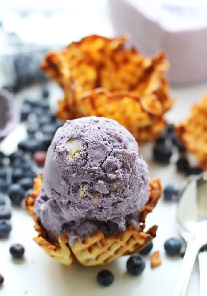 Purple ice cream in crunchy waffle cups