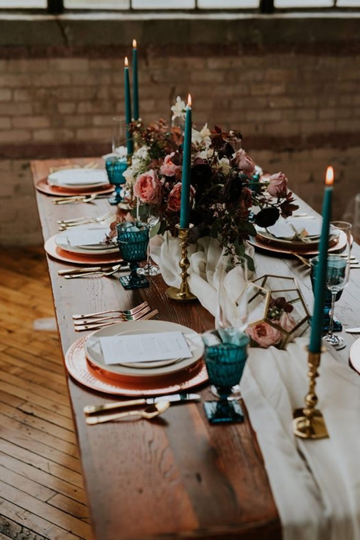 autumn wedding table with tall blue candles