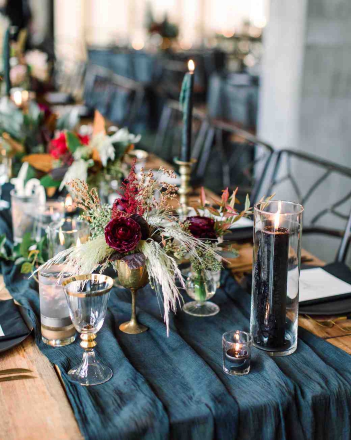 Jewel toned fall wedding table flower decoration and candle