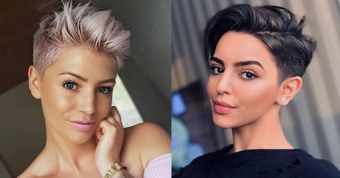 two women with pixie haircuts with white and black hair