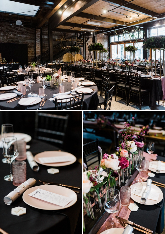 Wedding venue interior in black and wooden wedding table decorations