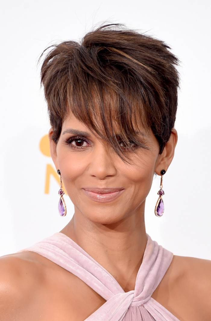 Halle Berry celebrity with short pixie hair long earrings red carpet