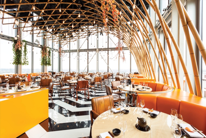 London Sushisamba restaurant bright interior with black and white floor high ceiling