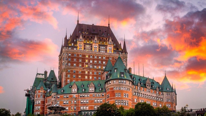 Fairmont Le Château Frontenac Canada Quebec City hotel by sunset 
