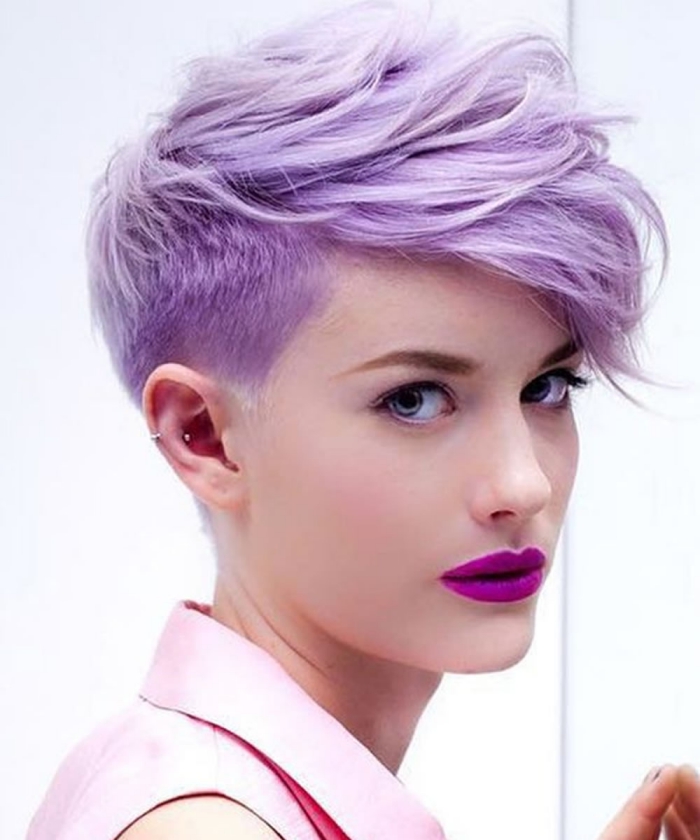 woman with bright Faux Hawk Pixie Cut light skin purple lipstick on a white background