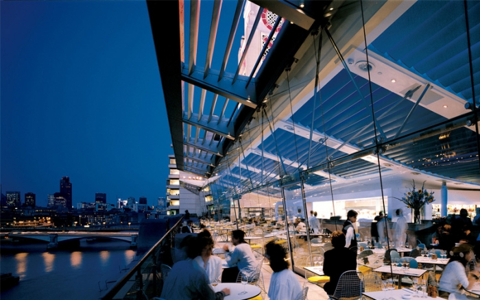 Terrace restaurant by night glass hall