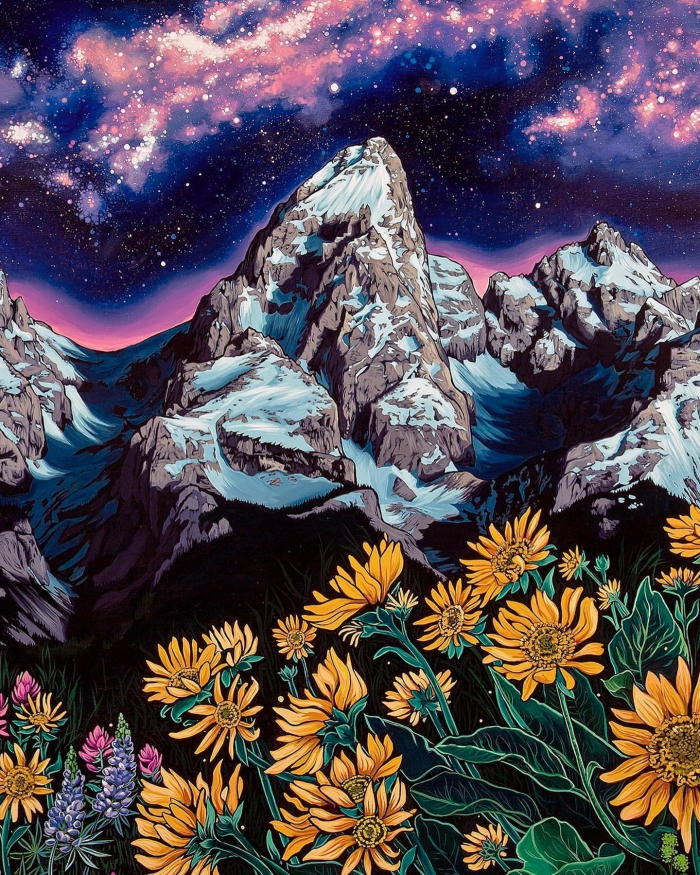 Rachel Pohl painting night in the mountains with yellow flowers