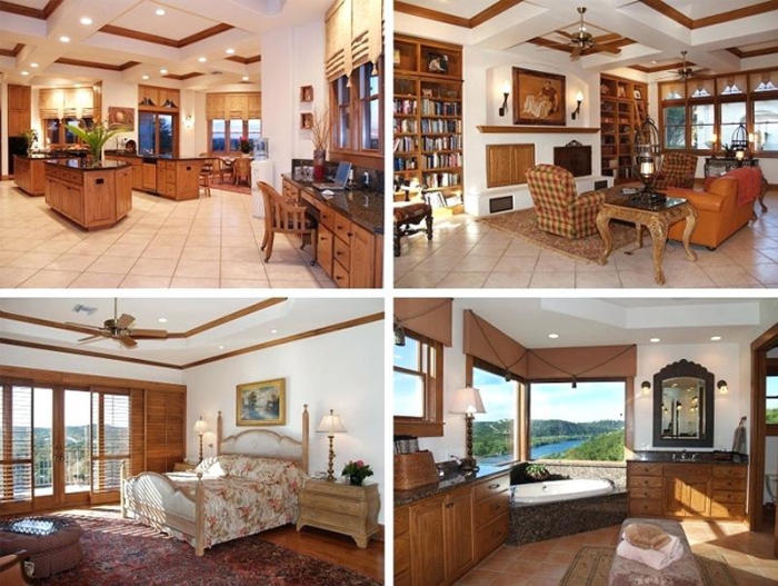  inside McConaughey lake mansion wooden details kitchen living room two bedrooms lake view