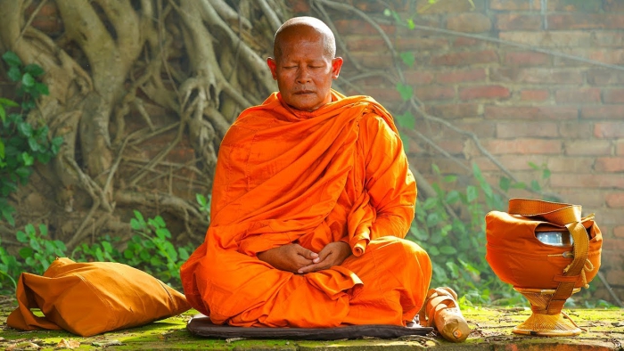 monk dressed in bright orange meditating in front of a tree