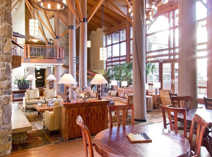 hotel lobby and restaurant interior high ceilings traditional wooden style