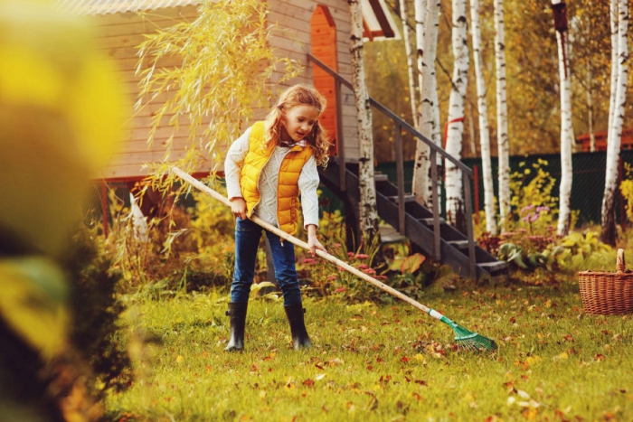 Little girl cleaning leaves in a garden