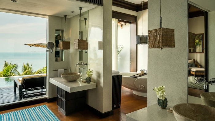 Four Seasons Thailand modern exotic luxury hotel room interior with sea view terrace