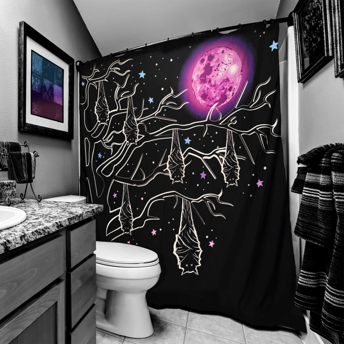 Dark Halloween Shower Curtain with bats hanging from tree branches and purple moon