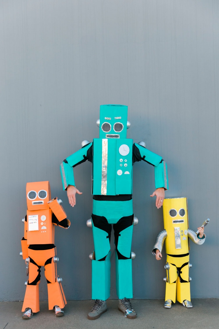 Family halloween costumes three robots father and two kids