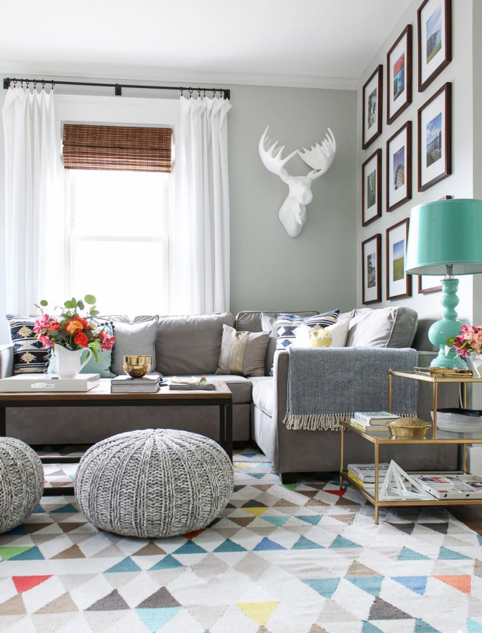 Grey and white Scandinavian living room with pops of color